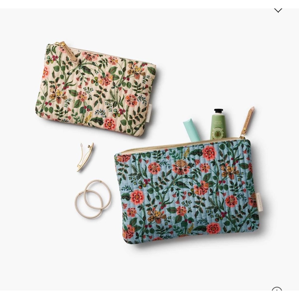 Rifle Paper Co Blue Floral Quilted Cotton Zipper Pouch Cosmetic Bag